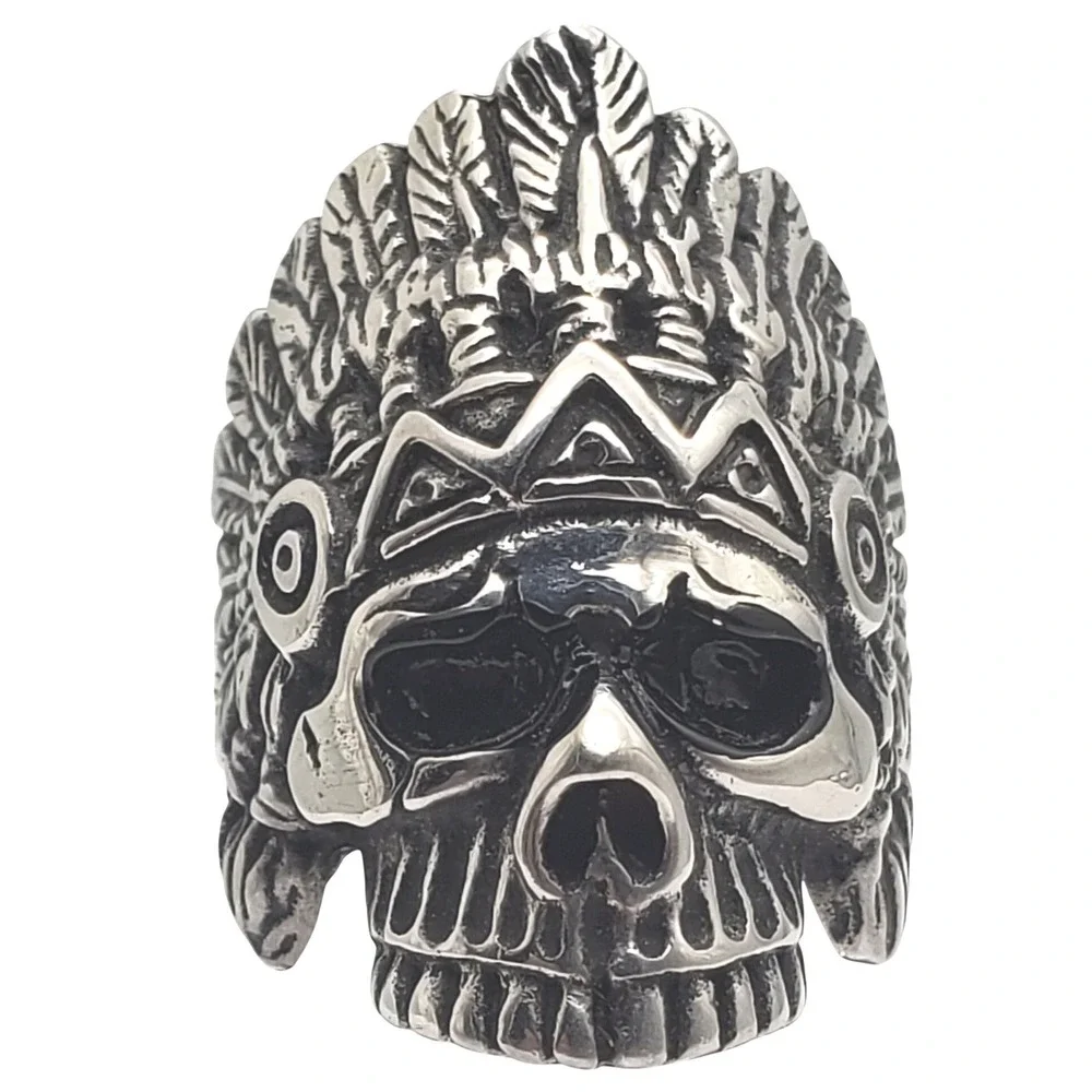 Skull Biker Ring Silver Tone Size 11 Headdress Feather Gothic Large Skeleton Vtg